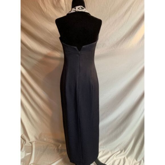 Navy Blue Beaded Halter Evening Dress - Picture 9 of 12